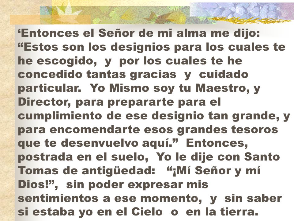 ‘Entonces el Señor de mi alma me dijo: Estos son los designios para los cuales te he escogido, y por los cuales te he concedido tantas gracias y cuidado particular.