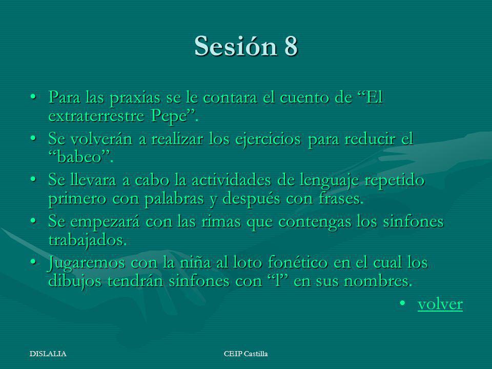 Sesión 8 Para las praxias se le contara el cuento de El extraterrestre Pepe . Se volverán a realizar los ejercicios para reducir el babeo .
