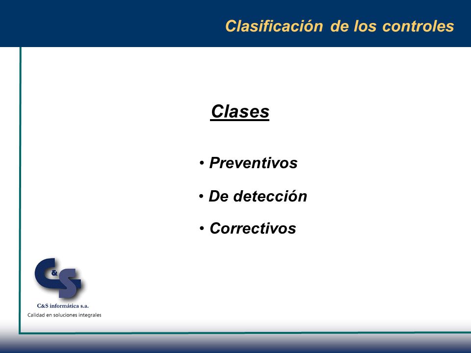 Clases Clasificación de los controles Preventivos De detección