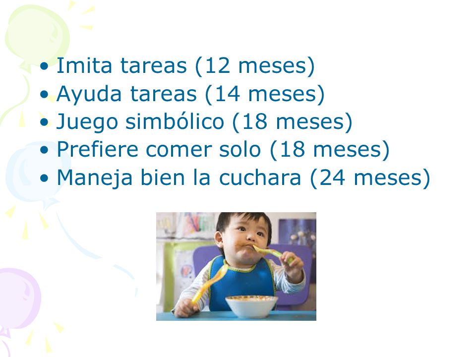 Imita tareas (12 meses) Ayuda tareas (14 meses) Juego simbólico (18 meses) Prefiere comer solo (18 meses)