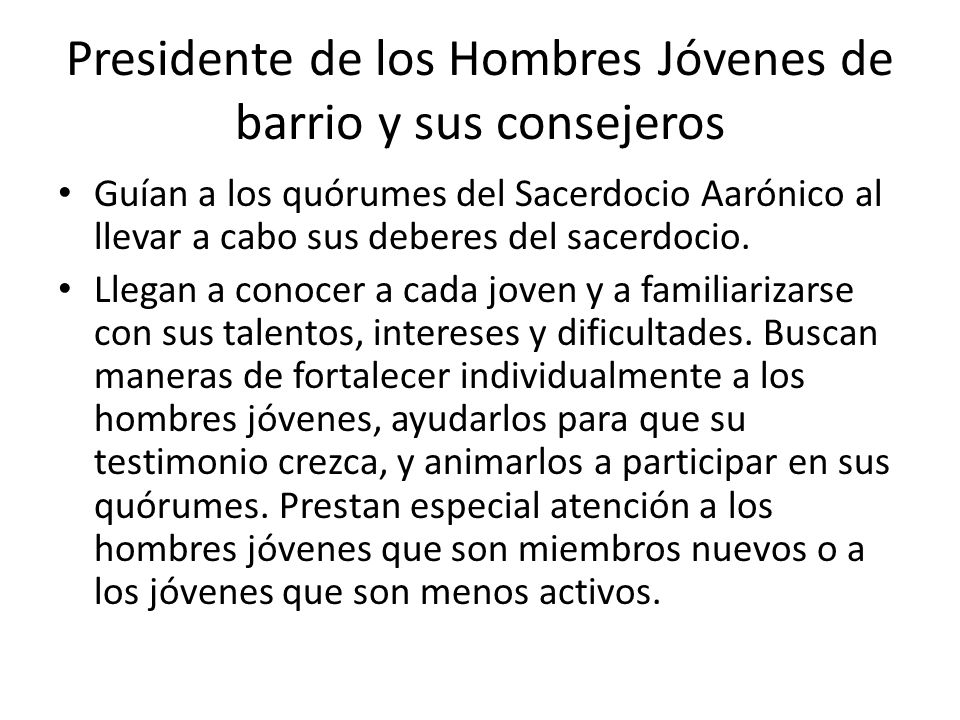 Presidente de los Hombres Jóvenes de barrio y sus consejeros