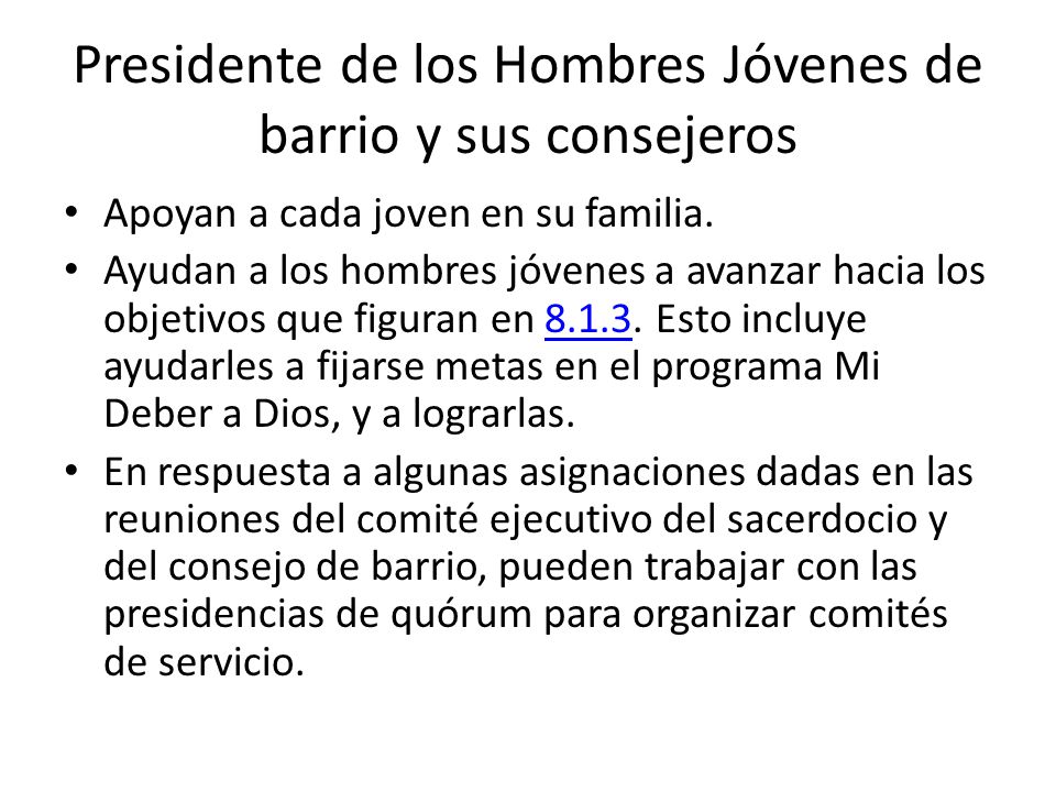 Presidente de los Hombres Jóvenes de barrio y sus consejeros