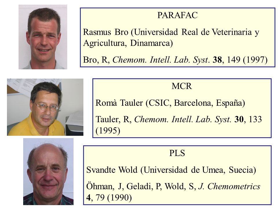 PARAFAC Rasmus Bro (Universidad Real de Veterinaria y Agricultura, Dinamarca) Bro, R, Chemom. Intell. Lab. Syst. 38, 149 (1997)