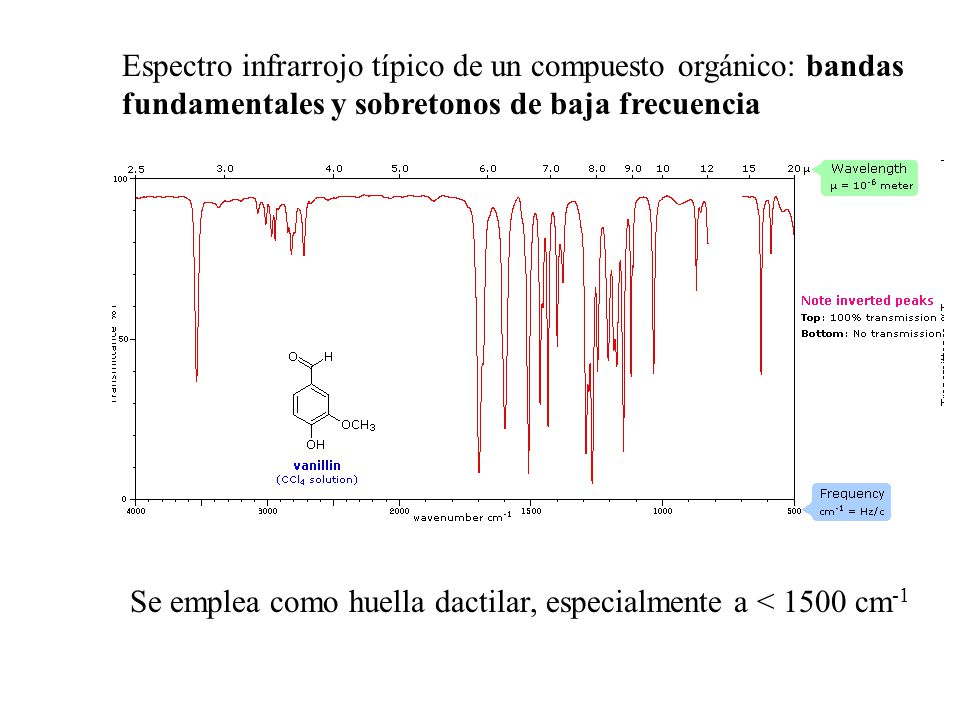 Espectro infrarrojo típico de un compuesto orgánico: bandas fundamentales y sobretonos de baja frecuencia