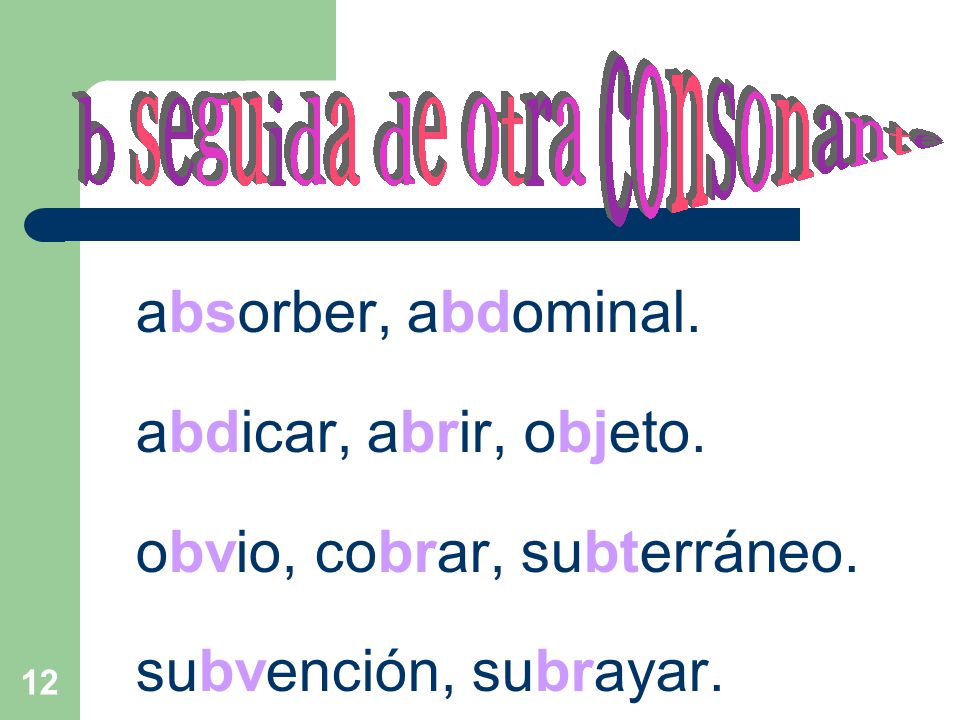 absorber, abdominal. abdicar, abrir, objeto. obvio, cobrar, subterráneo. subvención, subrayar.