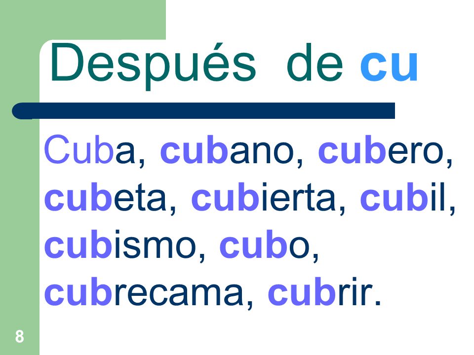 Después de cu Cuba, cubano, cubero, cubeta, cubierta, cubil, cubismo, cubo, cubrecama, cubrir.