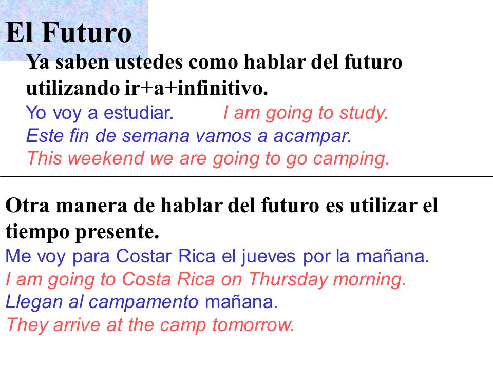 El Futuro Ya saben ustedes como hablar del futuro utilizando ir+a+infinitivo. Yo voy a estudiar. I am going to study.