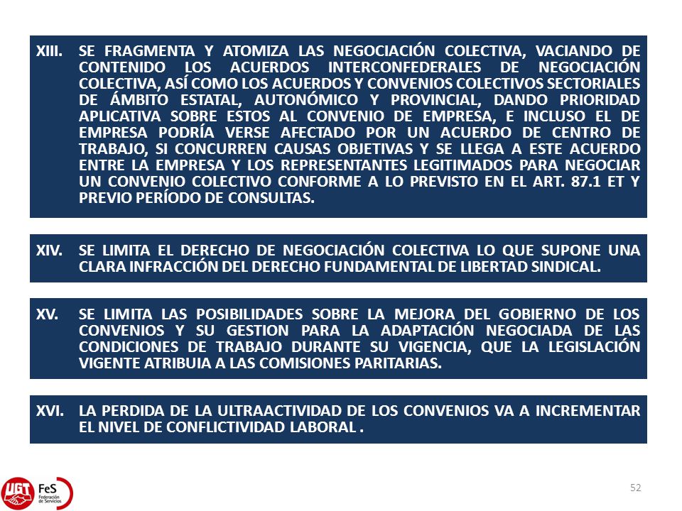 XIII. SE FRAGMENTA Y ATOMIZA LAS NEGOCIACIÓN COLECTIVA, VACIANDO DE CONTENIDO LOS ACUERDOS INTERCONFEDERALES DE NEGOCIACIÓN COLECTIVA, ASÍ COMO LOS ACUERDOS Y CONVENIOS COLECTIVOS SECTORIALES DE ÁMBITO ESTATAL, AUTONÓMICO Y PROVINCIAL, DANDO PRIORIDAD APLICATIVA SOBRE ESTOS AL CONVENIO DE EMPRESA, E INCLUSO EL DE EMPRESA PODRÍA VERSE AFECTADO POR UN ACUERDO DE CENTRO DE TRABAJO, SI CONCURREN CAUSAS OBJETIVAS Y SE LLEGA A ESTE ACUERDO ENTRE LA EMPRESA Y LOS REPRESENTANTES LEGITIMADOS PARA NEGOCIAR UN CONVENIO COLECTIVO CONFORME A LO PREVISTO EN EL ART ET Y PREVIO PERÍODO DE CONSULTAS.