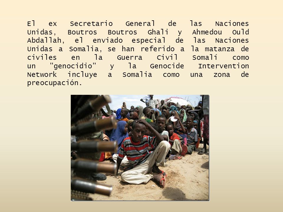 El ex Secretario General de las Naciones Unidas, Boutros Boutros Ghali y Ahmedou Ould Abdallah, el enviado especial de las Naciones Unidas a Somalia, se han referido a la matanza de civiles en la Guerra Civil Somalí como un genocidio y la Genocide Intervention Network incluye a Somalia como una zona de preocupación.