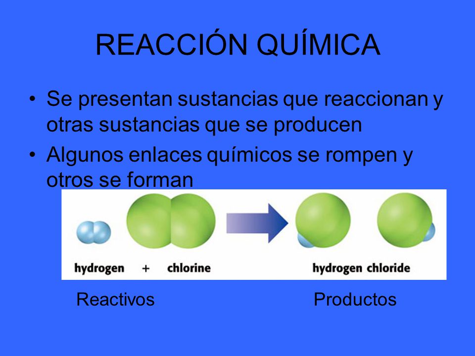 REACCIÓN QUÍMICA Se presentan sustancias que reaccionan y otras sustancias que se producen. Algunos enlaces químicos se rompen y otros se forman.