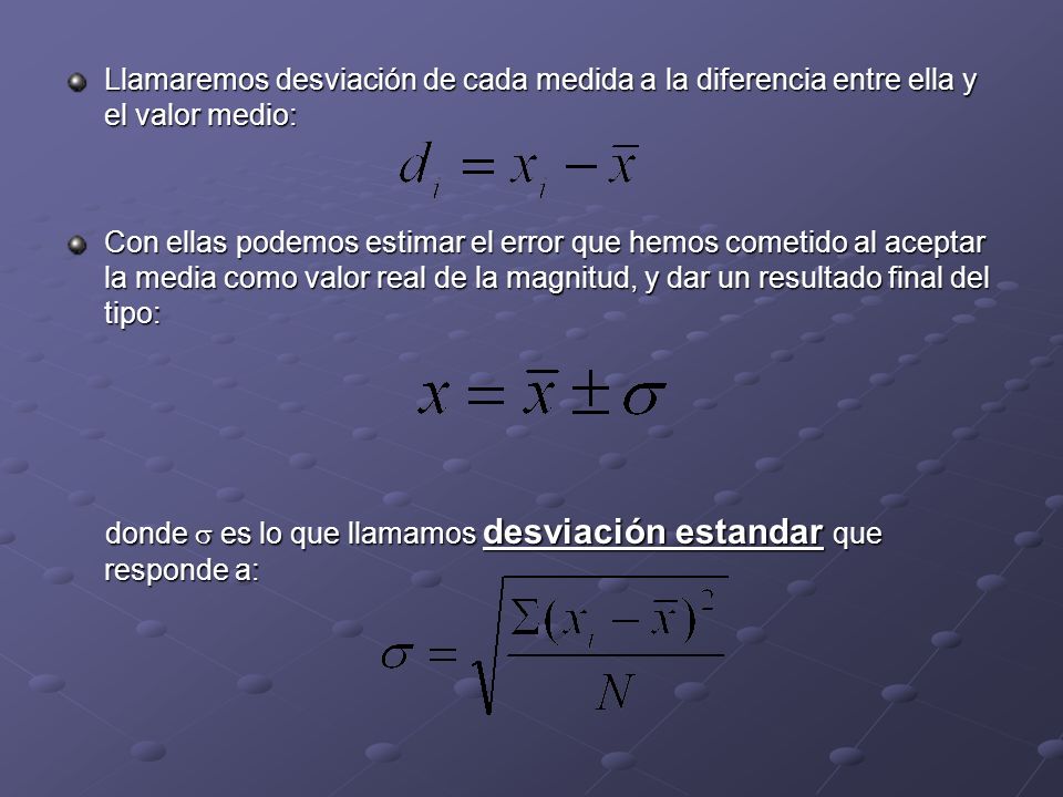 Llamaremos desviación de cada medida a la diferencia entre ella y el valor medio: