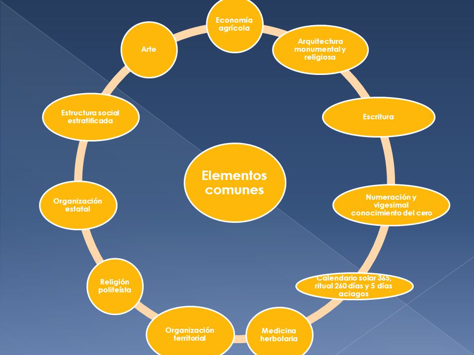 Elementos comunes Economía agrícola. Arquitectura monumental y religiosa. Escritura. Numeración y vigesimal conocimiento del cero.