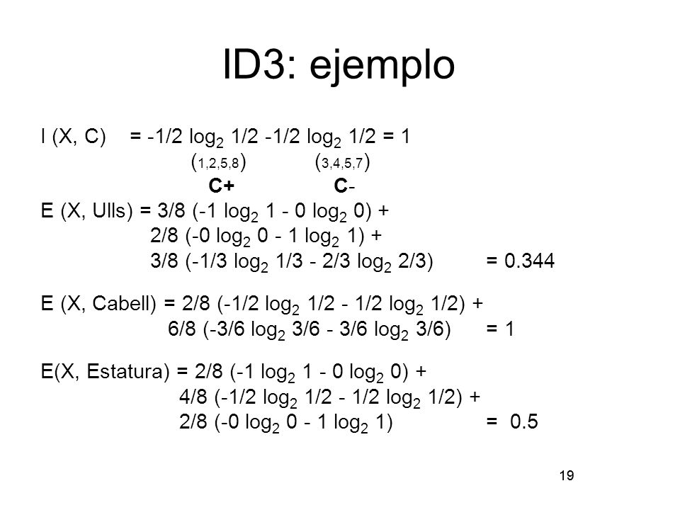 ID3: ejemplo I (X, C) = -1/2 log2 1/2 -1/2 log2 1/2 = 1
