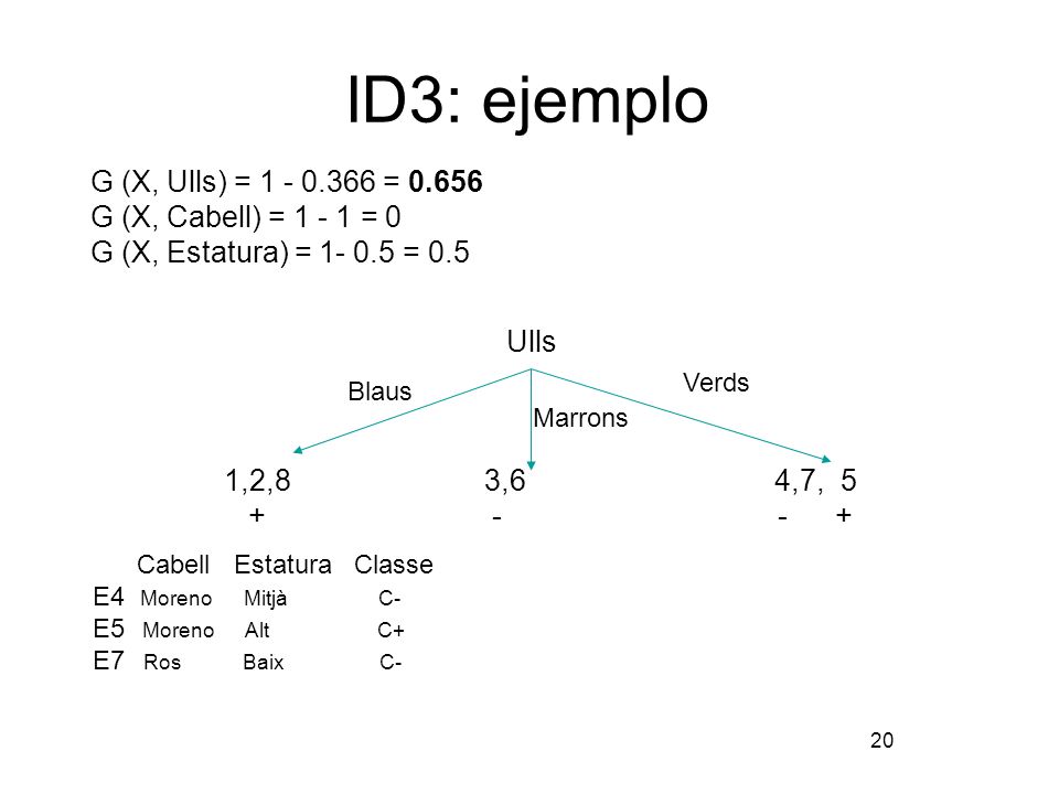 ID3: ejemplo G (X, Ulls) = = G (X, Cabell) = = 0