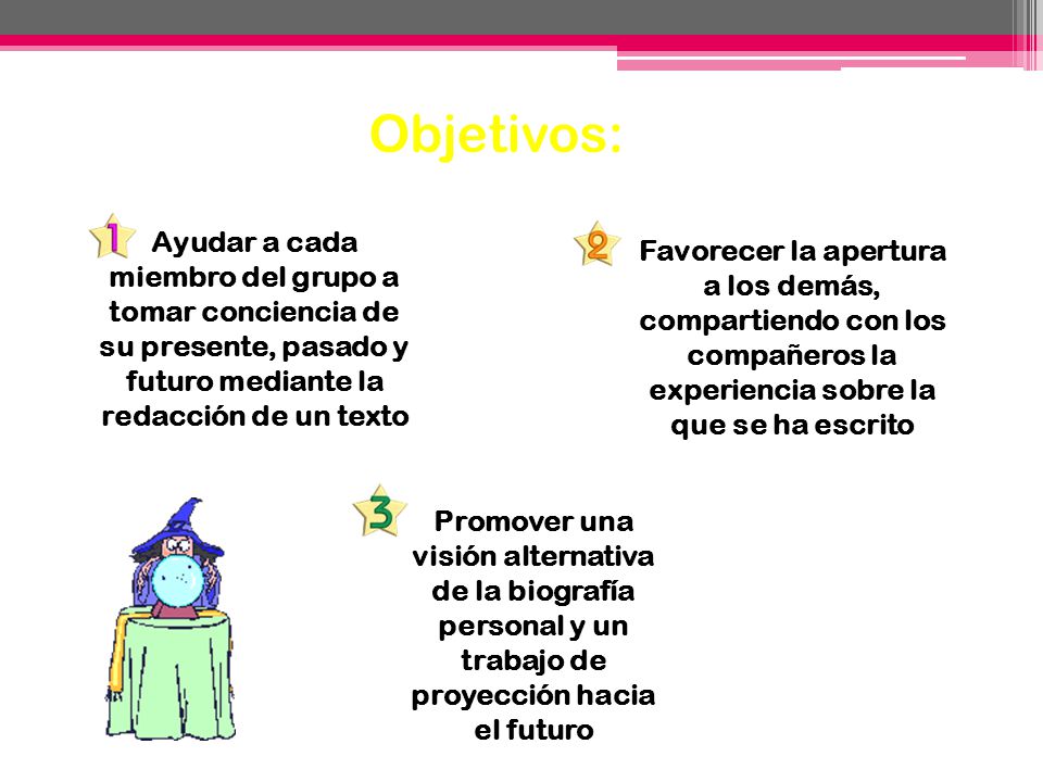 Objetivos: Ayudar a cada miembro del grupo a tomar conciencia de su presente, pasado y futuro mediante la redacción de un texto.