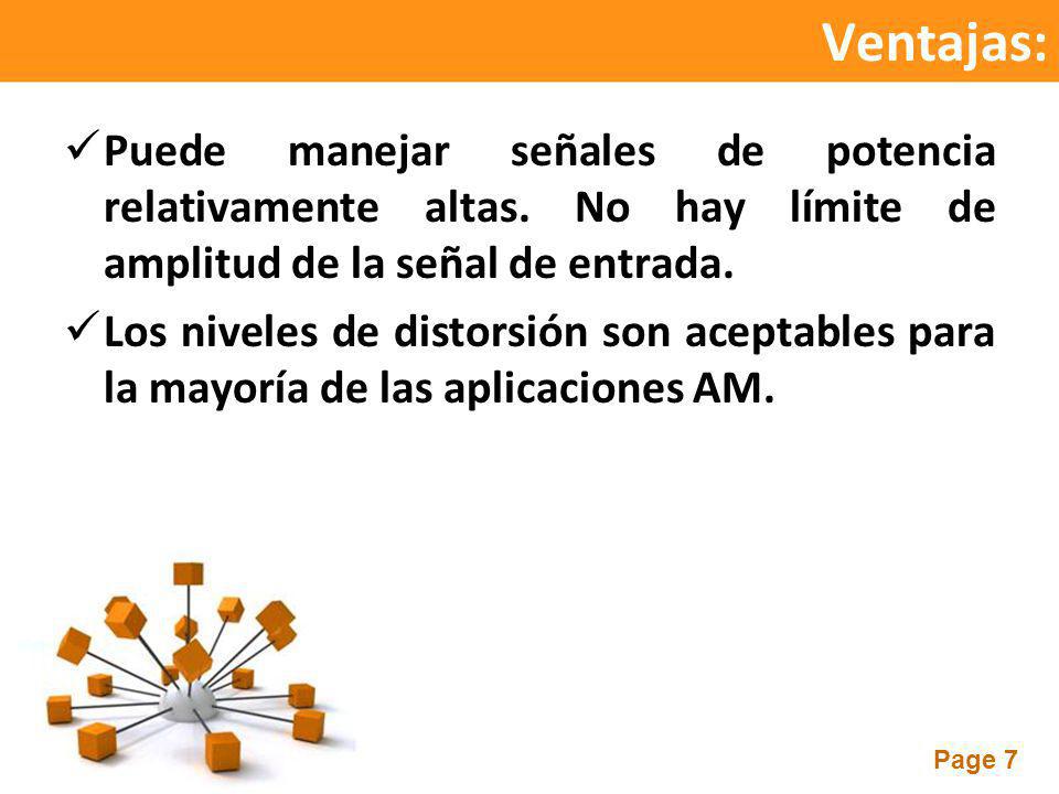 Ventajas: Puede manejar señales de potencia relativamente altas. No hay límite de amplitud de la señal de entrada.