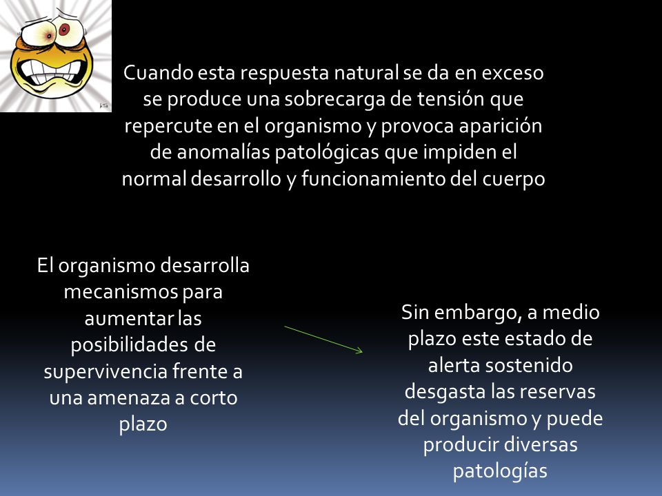 Cuando esta respuesta natural se da en exceso se produce una sobrecarga de tensión que repercute en el organismo y provoca aparición de anomalías patológicas que impiden el normal desarrollo y funcionamiento del cuerpo