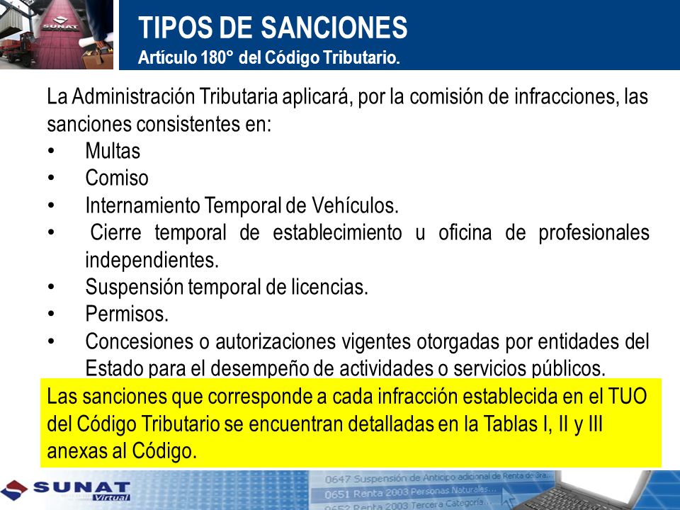 TIPOS DE SANCIONES Artículo 180° del Código Tributario. La Administración Tributaria aplicará, por la comisión de infracciones, las.