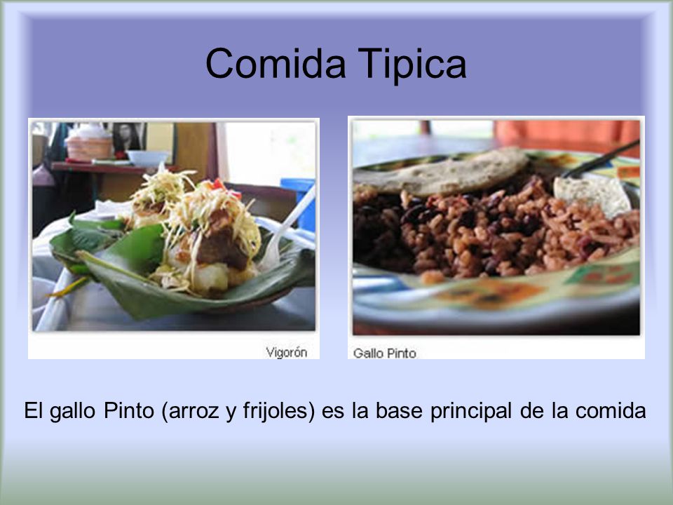 Comida Tipica El gallo Pinto (arroz y frijoles) es la base principal de la comida