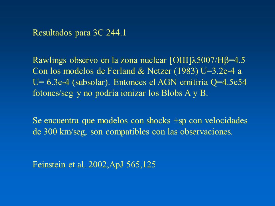 Resultados para 3C Rawlings observo en la zona nuclear [OIII]λ5007/H=4.5. Con los modelos de Ferland & Netzer (1983) U=3.2e-4 a.