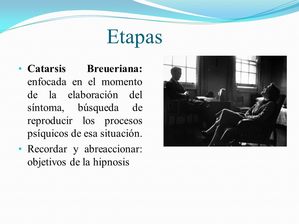 Etapas Catarsis Breueriana: enfocada en el momento de la elaboración del síntoma, búsqueda de reproducir los procesos psíquicos de esa situación.