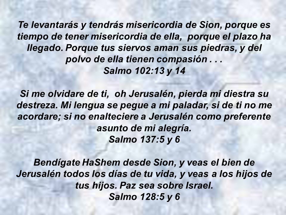 Te levantarás y tendrás misericordia de Sion, porque es tiempo de tener misericordia de ella, porque el plazo ha llegado. Porque tus siervos aman sus piedras, y del polvo de ella tienen compasión . . .