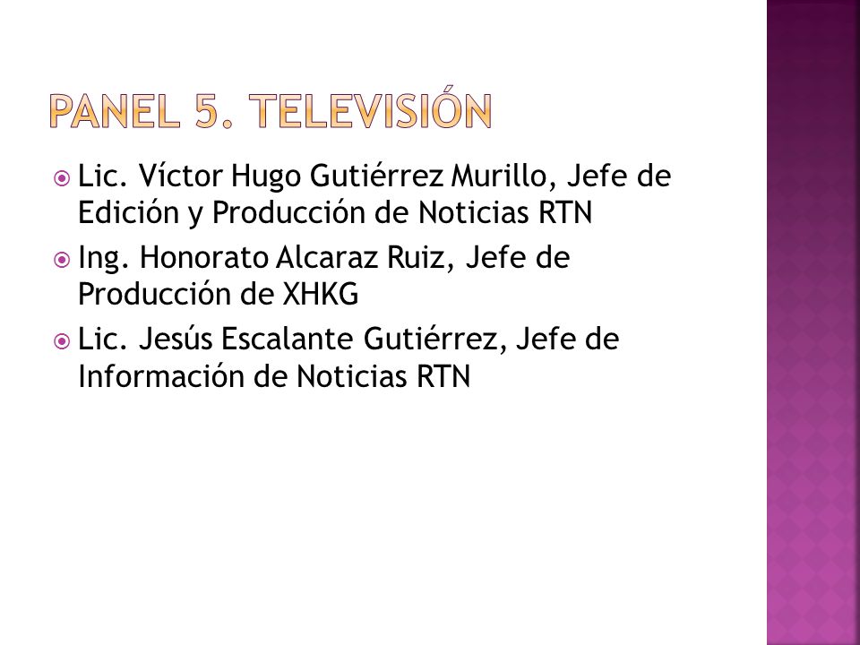 Panel 5. Televisión Lic. Víctor Hugo Gutiérrez Murillo, Jefe de Edición y Producción de Noticias RTN.