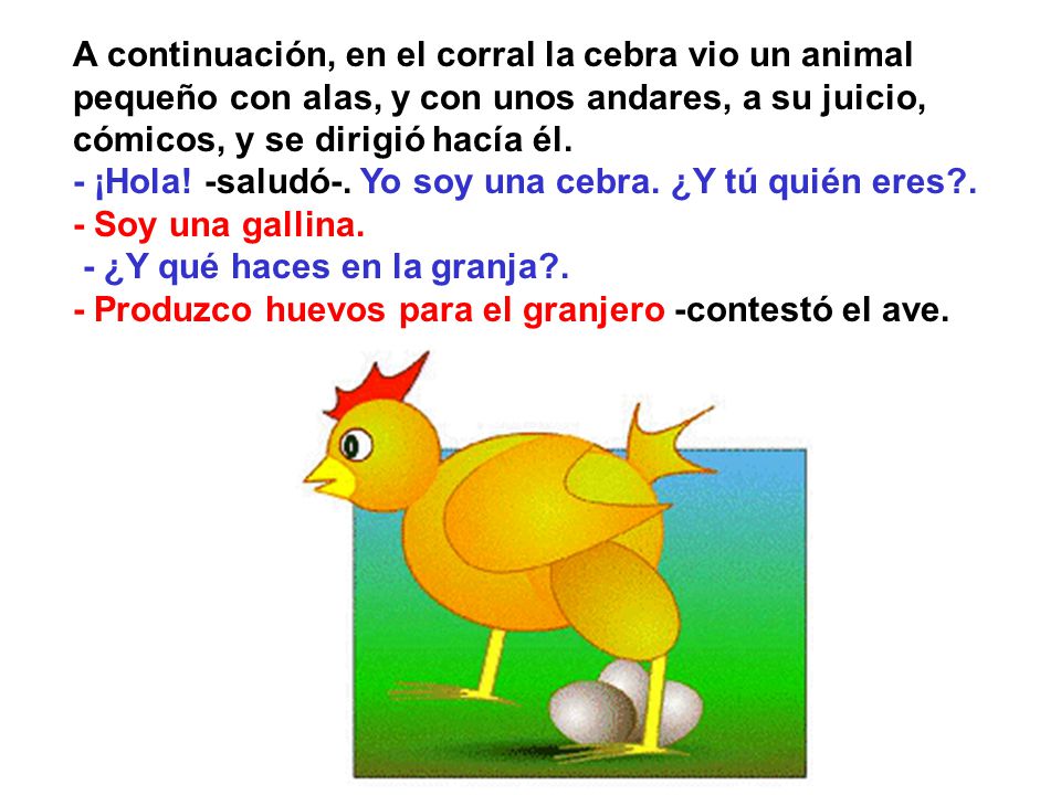A continuación, en el corral la cebra vio un animal pequeño con alas, y con unos andares, a su juicio, cómicos, y se dirigió hacía él.