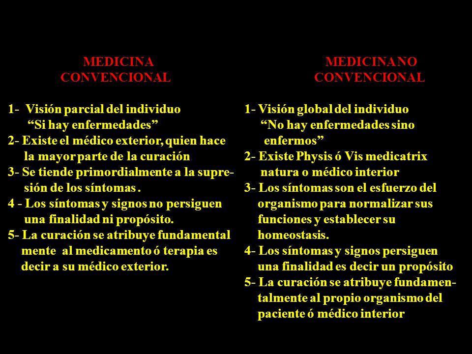 MEDICINA CONVENCIONAL. 1- Visión parcial del individuo. Si hay enfermedades 2- Existe el médico exterior, quien hace.