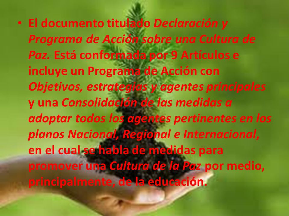 El documento titulado Declaración y Programa de Acción sobre una Cultura de Paz.