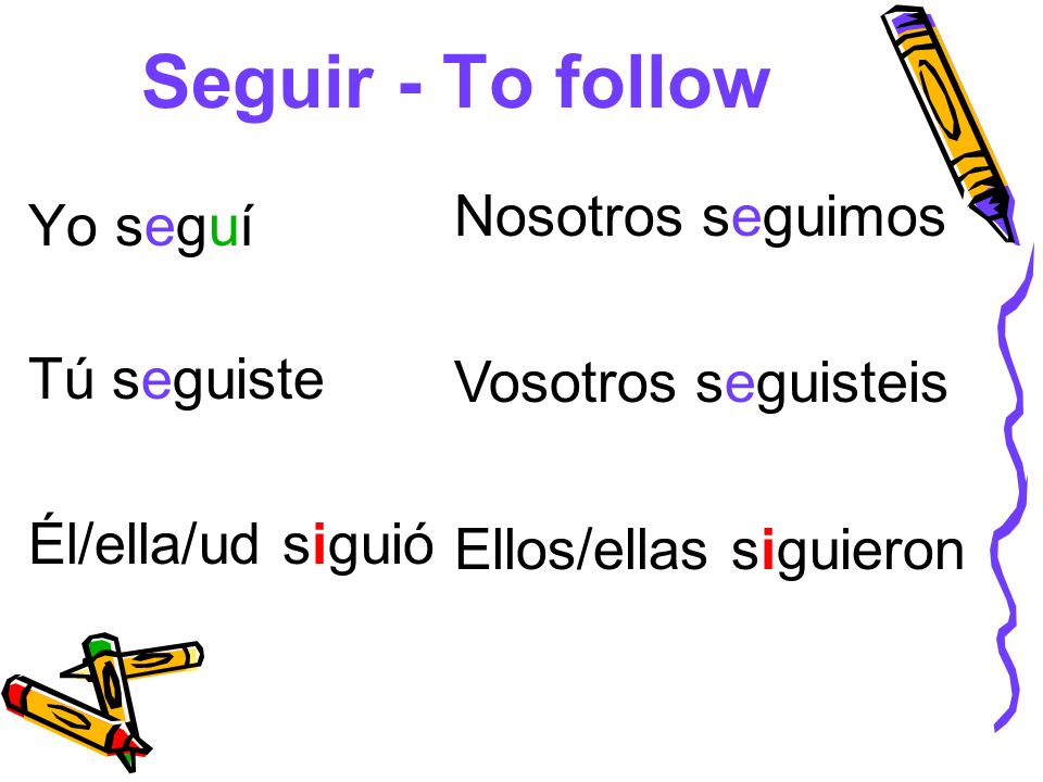 Seguir - To follow Nosotros seguimos Yo seguí Vosotros seguisteis