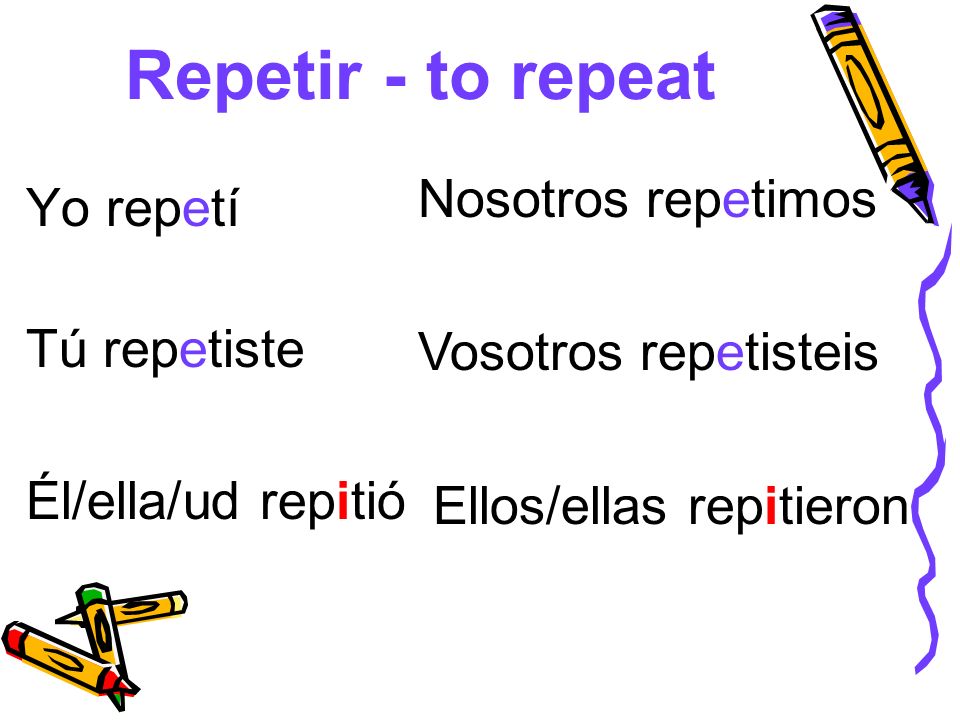 Repetir - to repeat Nosotros repetimos Yo repetí Vosotros repetisteis