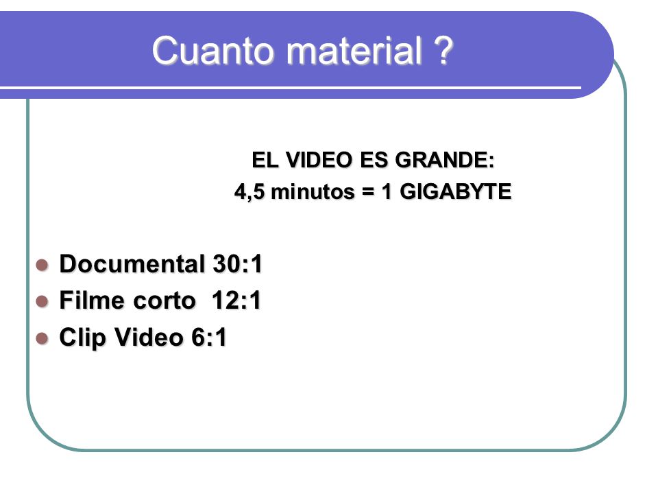 Cuanto material Documental 30:1 Filme corto 12:1 Clip Video 6:1