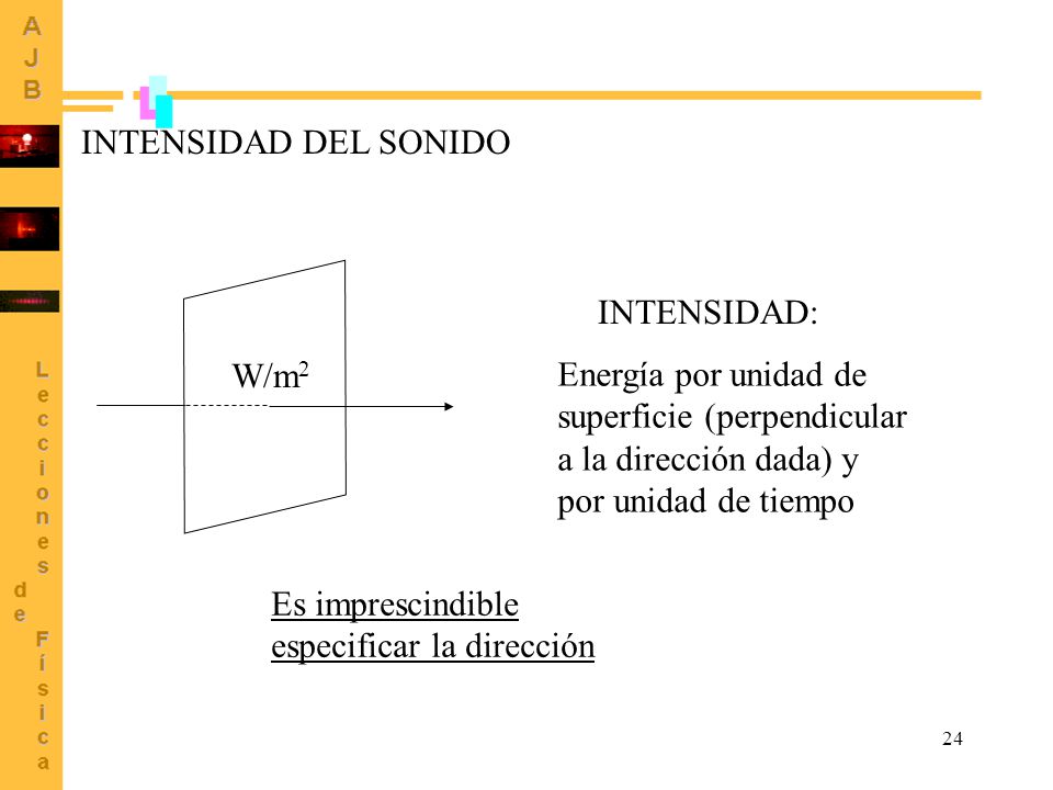INTENSIDAD DEL SONIDO W/m2. INTENSIDAD: Energía por unidad de superficie (perpendicular a la dirección dada) y por unidad de tiempo.