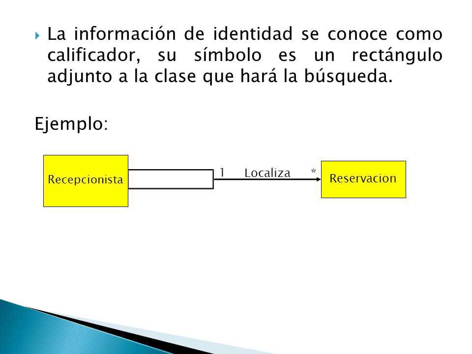 La información de identidad se conoce como calificador, su símbolo es un rectángulo adjunto a la clase que hará la búsqueda.