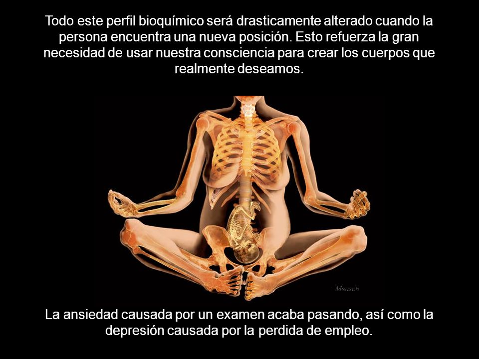 Todo este perfil bioquímico será drasticamente alterado cuando la persona encuentra una nueva posición. Esto refuerza la gran necesidad de usar nuestra consciencia para crear los cuerpos que realmente deseamos.