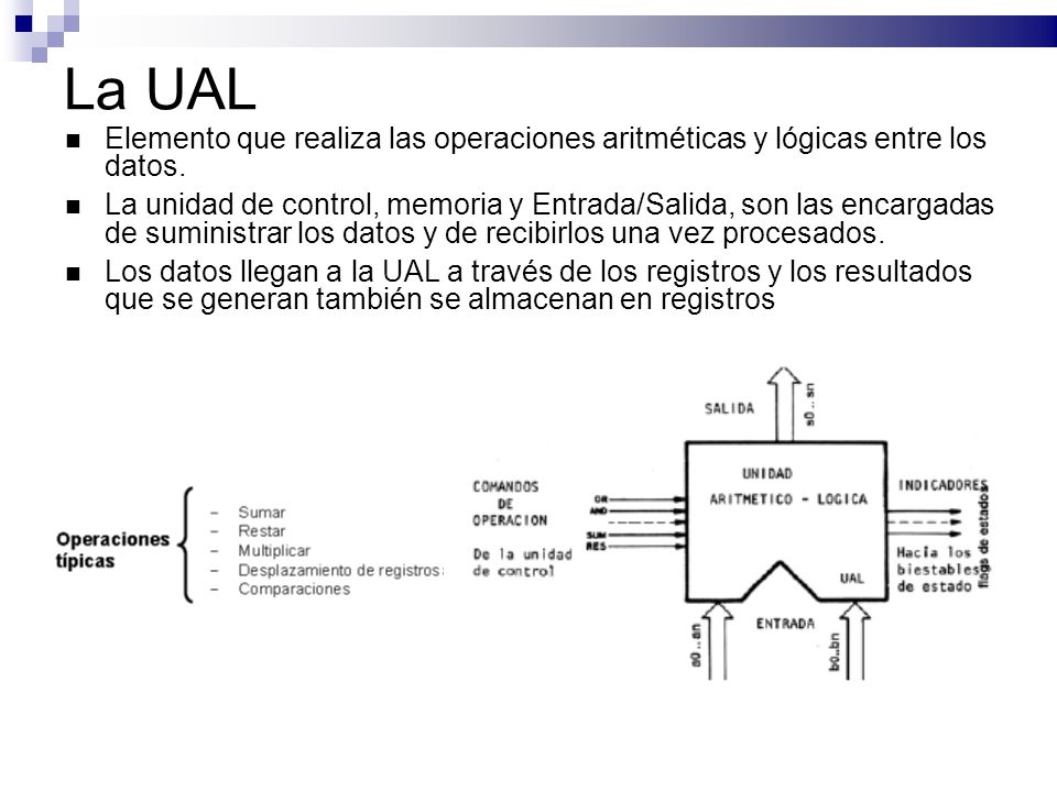 La UAL Elemento que realiza las operaciones aritméticas y lógicas entre los datos.