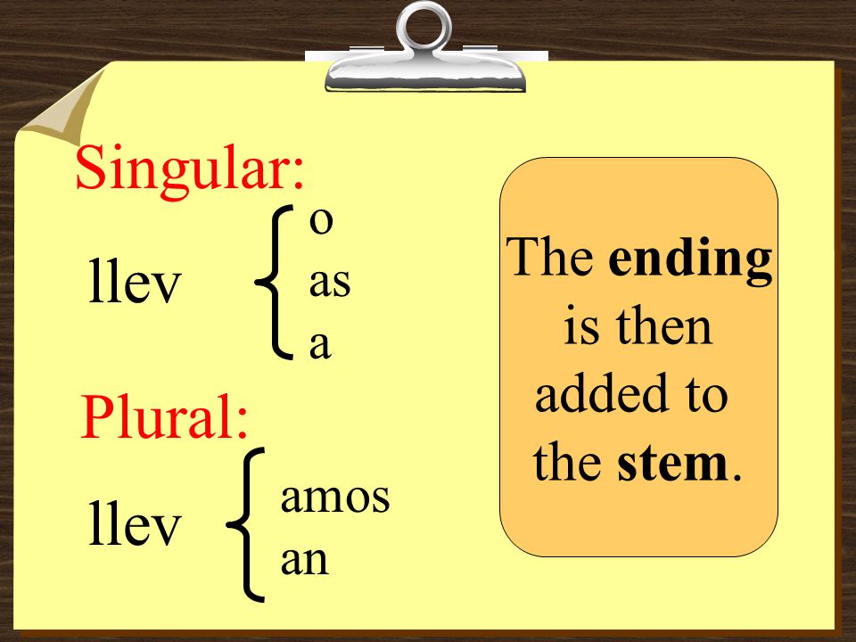Singular: llev Plural: llev The ending is then added to the stem.