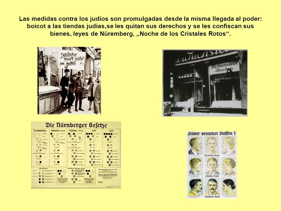 Las medidas contra los judíos son promulgadas desde la misma llegada al poder: boicot a las tiendas judias,se les quitan sus derechos y se les confiscan sus bienes, leyes de Nüremberg, „Noche de los Cristales Rotos .