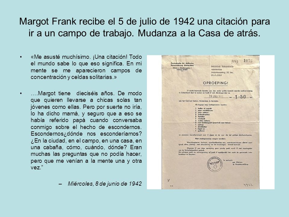 Margot Frank recibe el 5 de julio de 1942 una citación para ir a un campo de trabajo. Mudanza a la Casa de atrás.