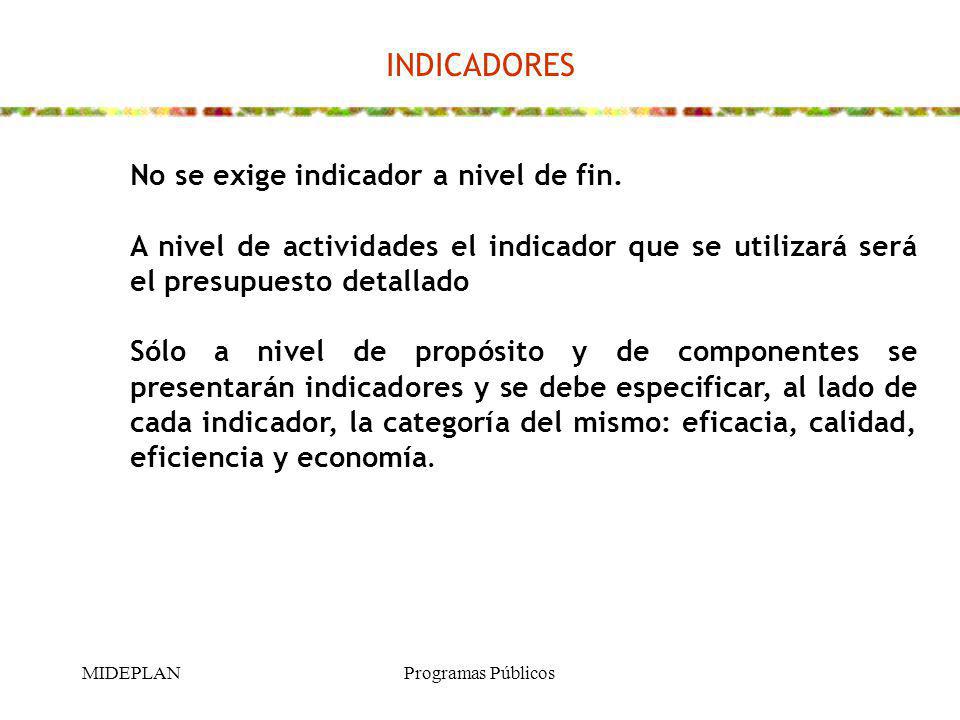 INDICADORES No se exige indicador a nivel de fin. A nivel de actividades el indicador que se utilizará será el presupuesto detallado.