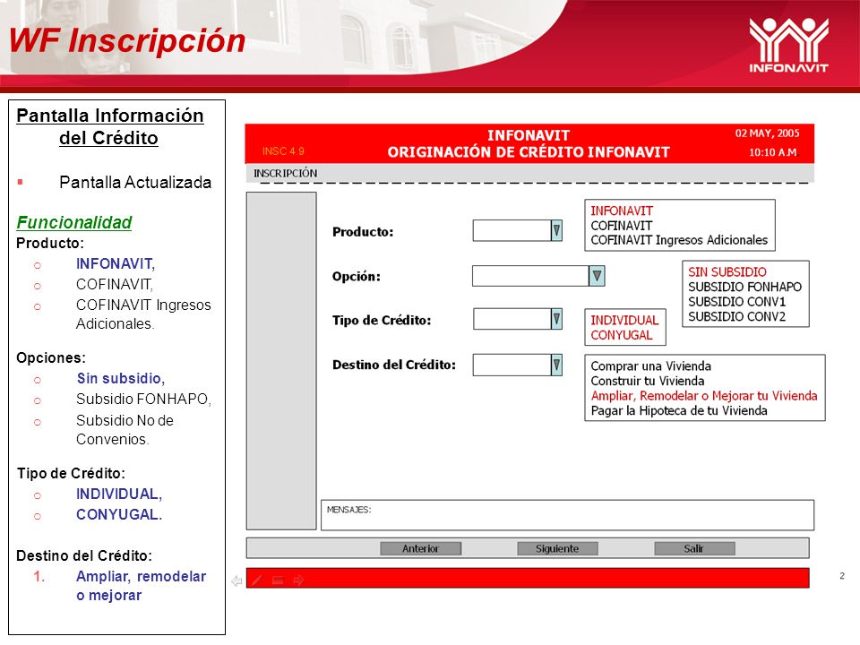 WF Inscripción Pantalla Información del Crédito Pantalla Actualizada