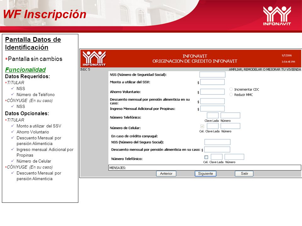 WF Inscripción Pantalla Datos de Identificación Pantalla sin cambios