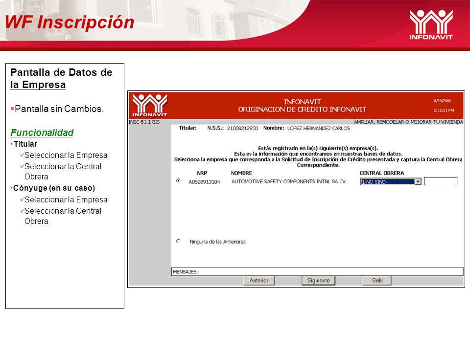 WF Inscripción Pantalla de Datos de la Empresa Pantalla sin Cambios.