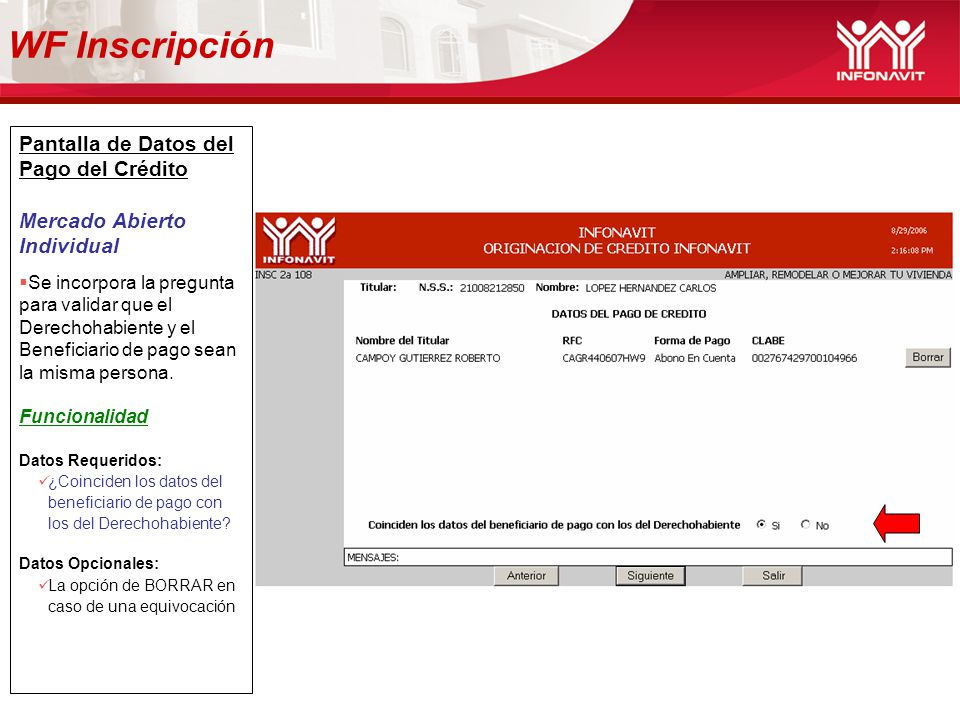 WF Inscripción Pantalla de Datos del Pago del Crédito