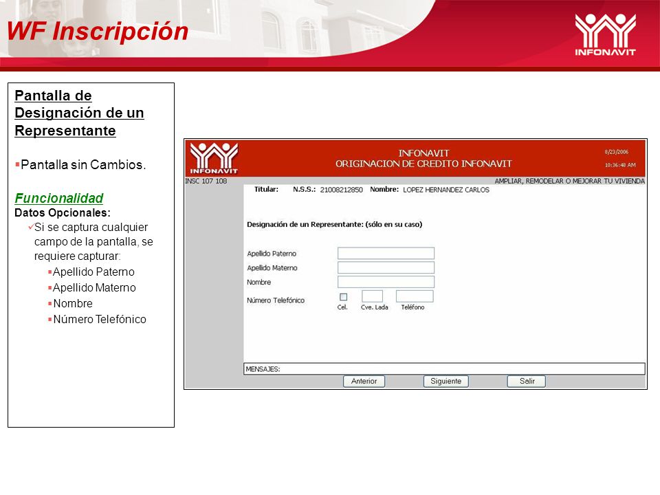 WF Inscripción Pantalla de Designación de un Representante