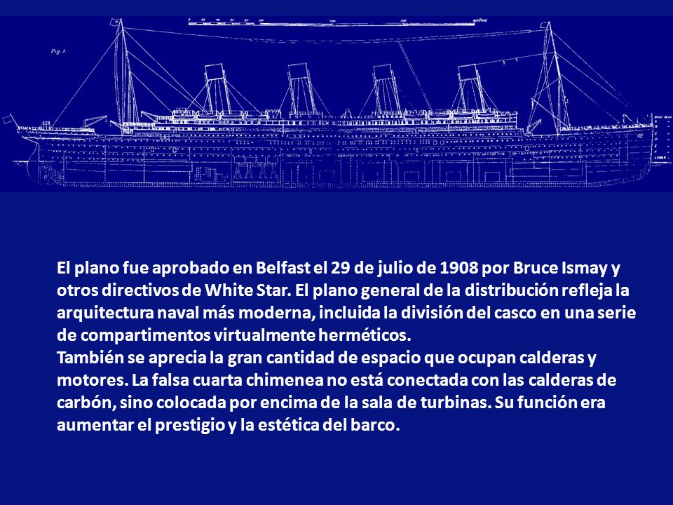 El plano fue aprobado en Belfast el 29 de julio de 1908 por Bruce Ismay y otros directivos de White Star. El plano general de la distribución refleja la arquitectura naval más moderna, incluida la división del casco en una serie de compartimentos virtualmente herméticos.