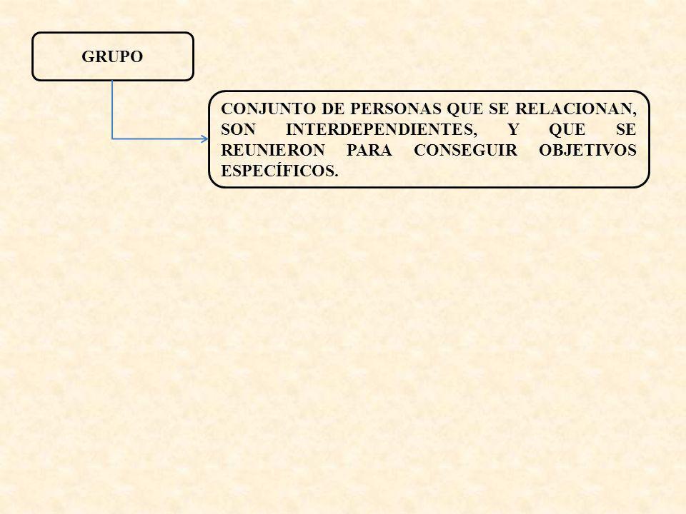 GRUPO CONJUNTO DE PERSONAS QUE SE RELACIONAN, SON INTERDEPENDIENTES, Y QUE SE REUNIERON PARA CONSEGUIR OBJETIVOS ESPECÍFICOS.