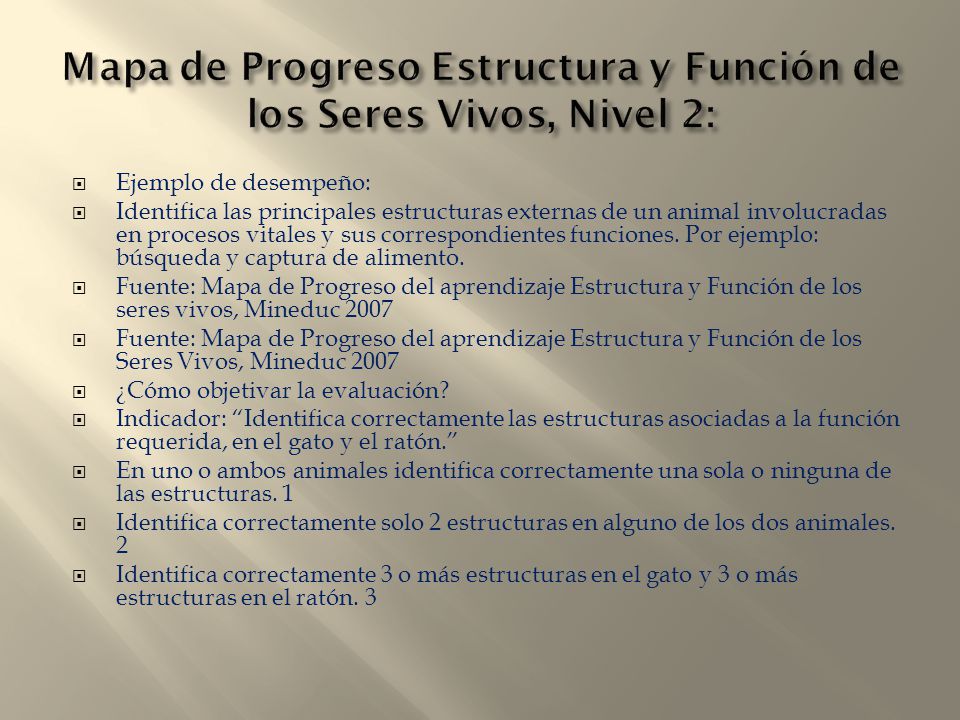 Mapa de Progreso Estructura y Función de los Seres Vivos, Nivel 2: