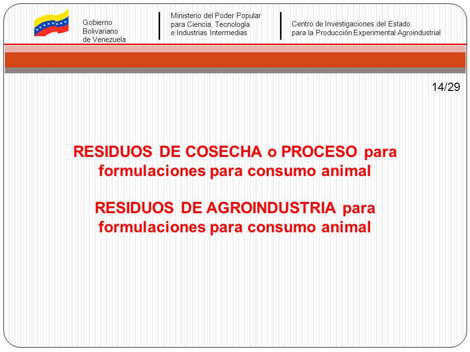 RESIDUOS DE COSECHA o PROCESO para formulaciones para consumo animal